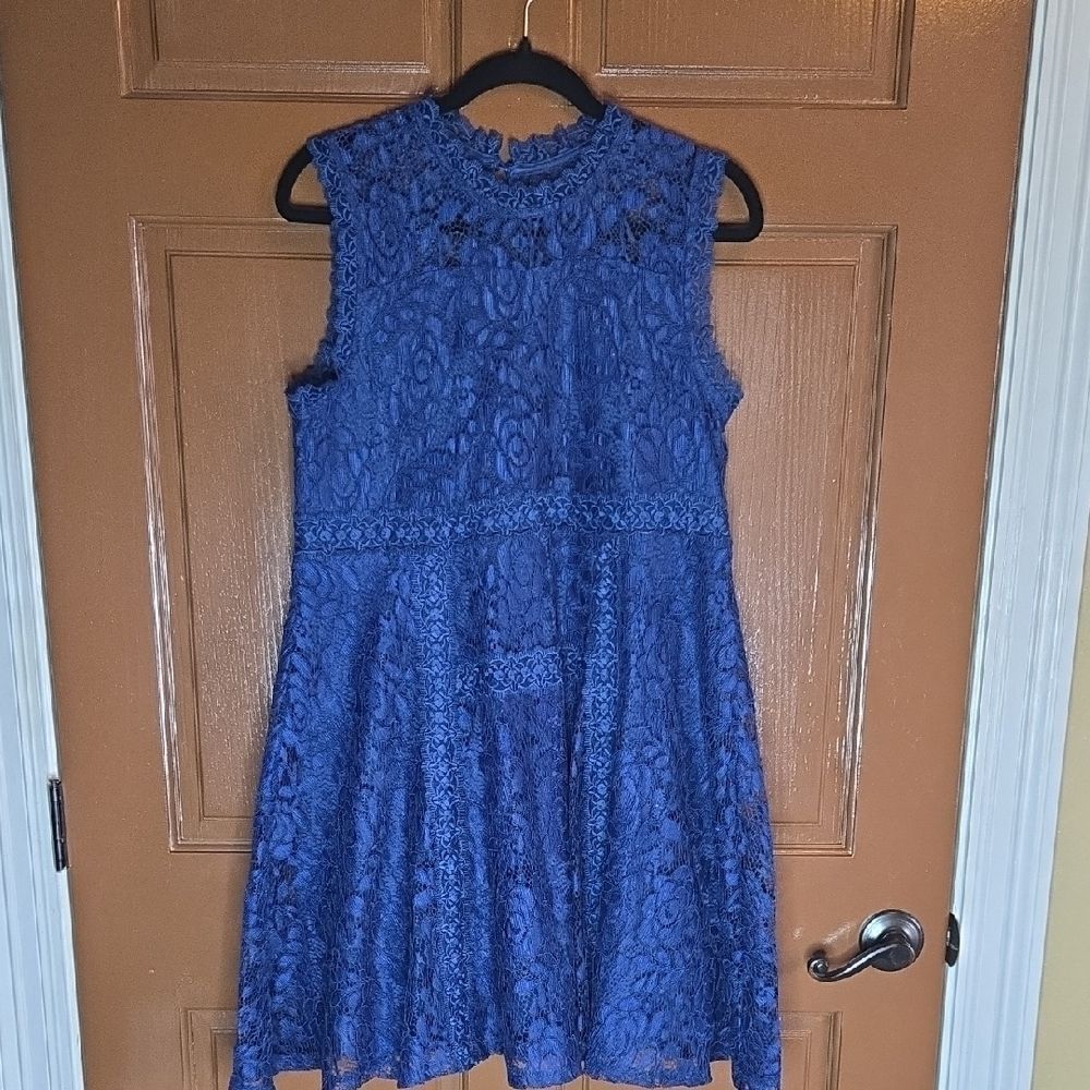 Knitworks-Navy pullover sleeveless lace dress Sz M